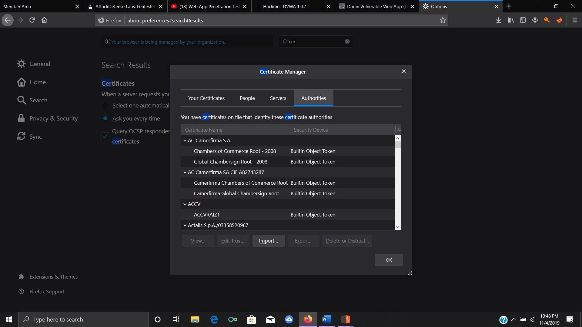 Importing and Exporting CA certificates