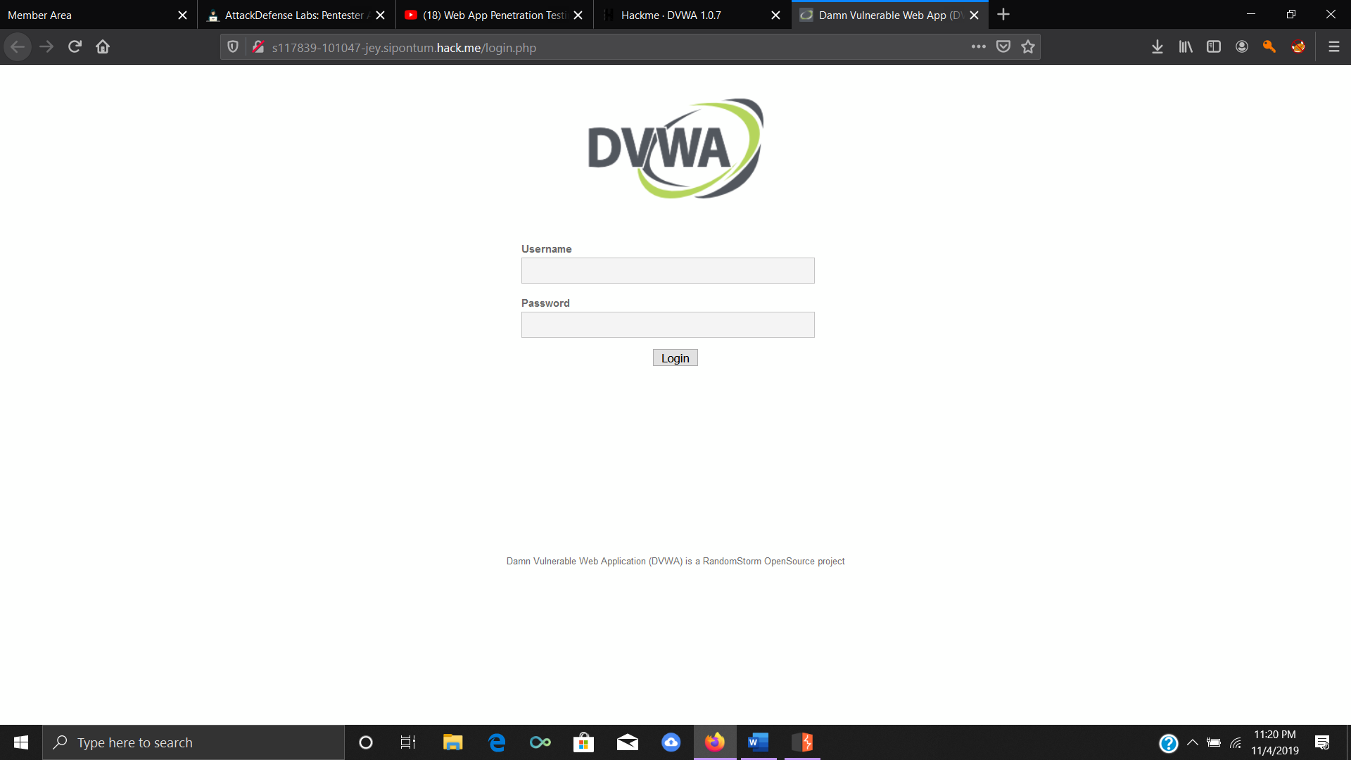 DVWA login screen