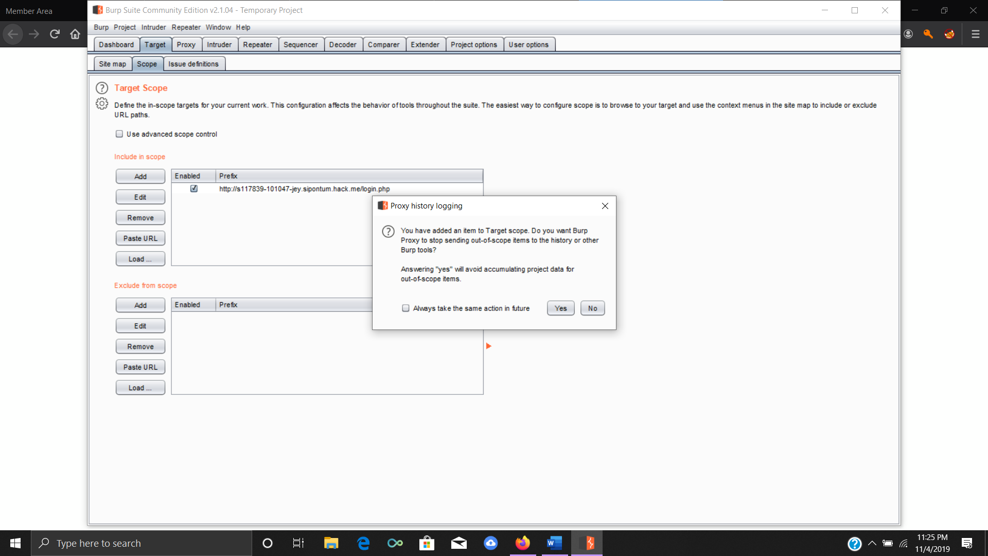 Adding a target to a scope in Burp Suite