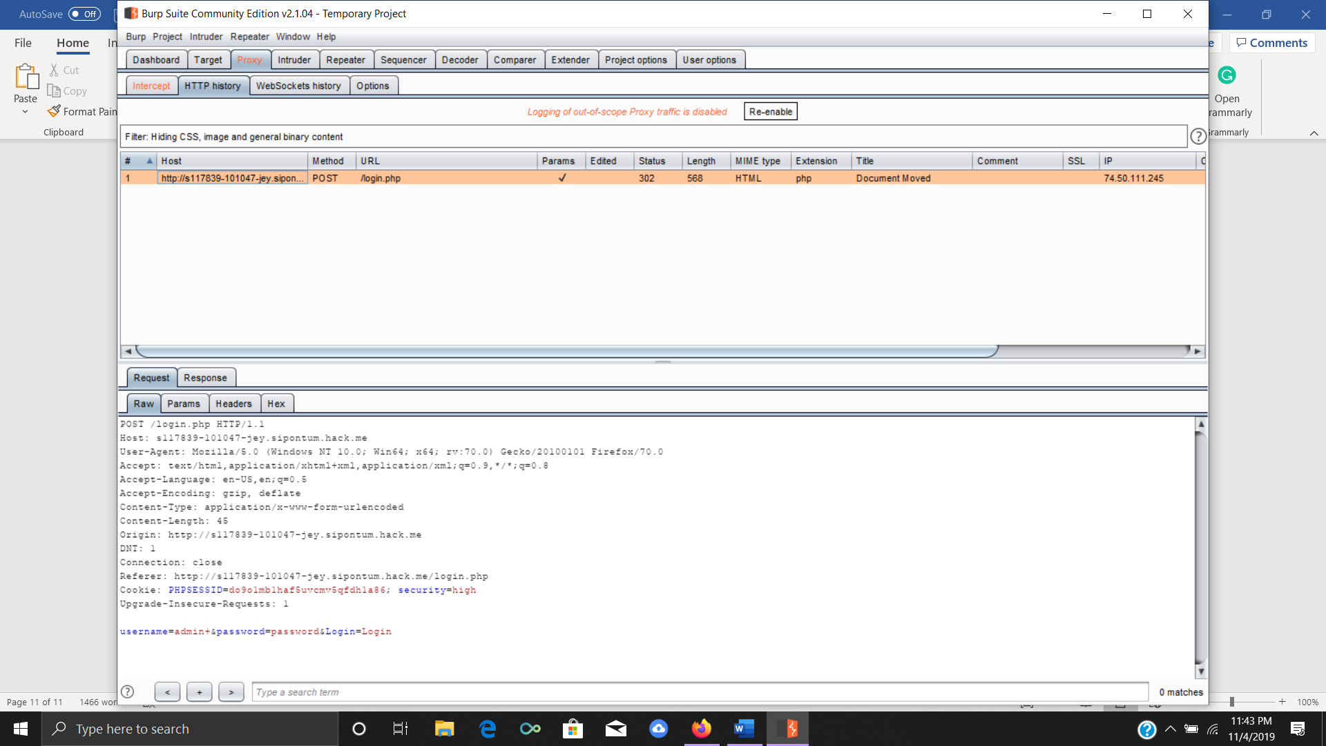 Viewing HTTP history in Burp Suite