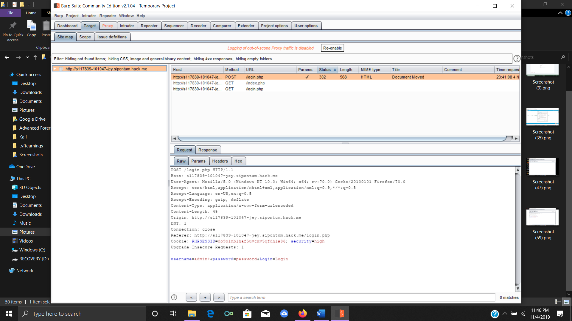 Viewing entered login values from the DVWA in Burp Suite