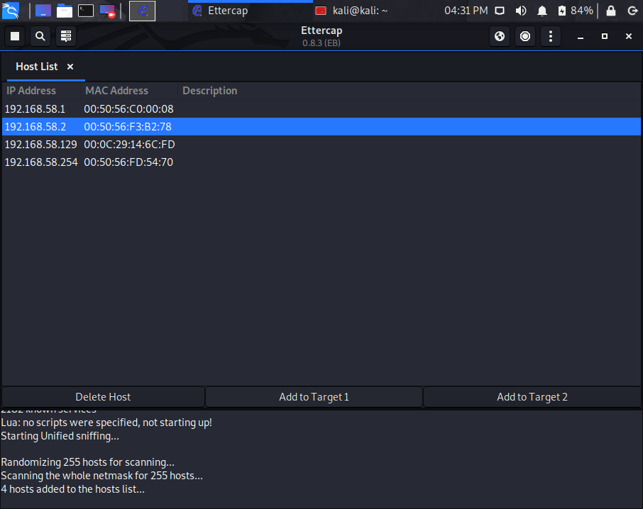 Ettercap Targets for our ARP Spoofing with Ettercap and Wireshark