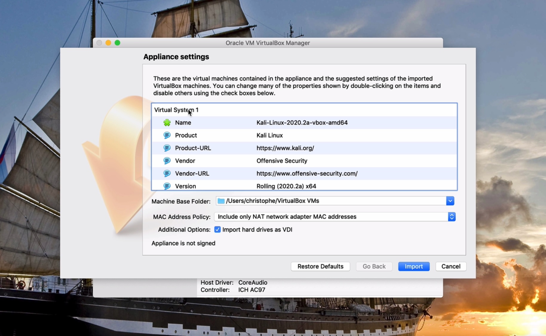 Import and install Kali in VirtualBox