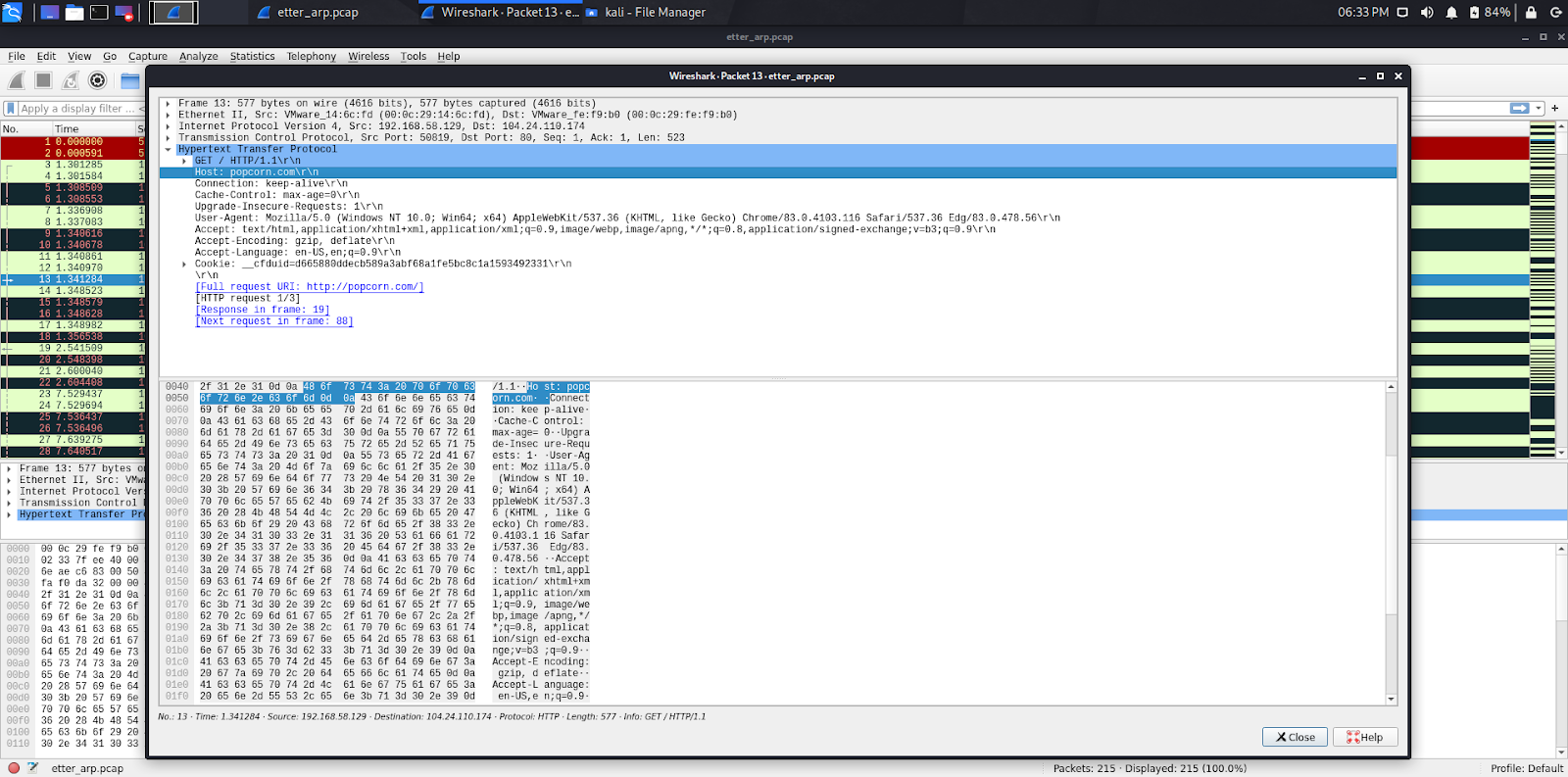 Wireshark capturing traffic from the ARP spoofing with Ettercap