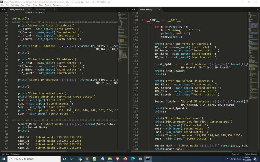 Python subnet calculator input section