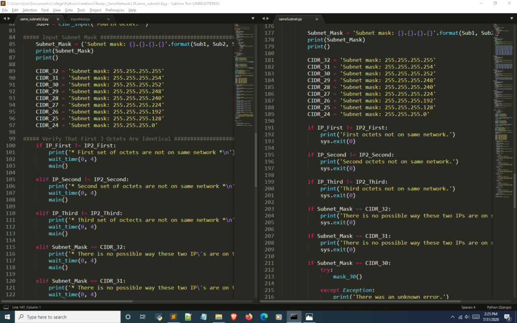Python subnet calculator input function second screenshot