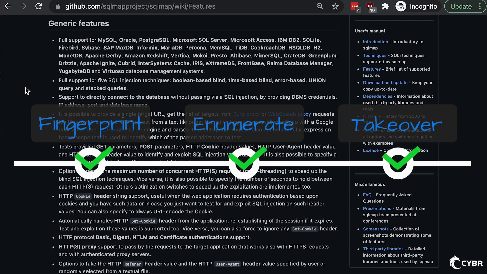 sqlmap's 3 phases: fingerprint, enumerate, takeover
