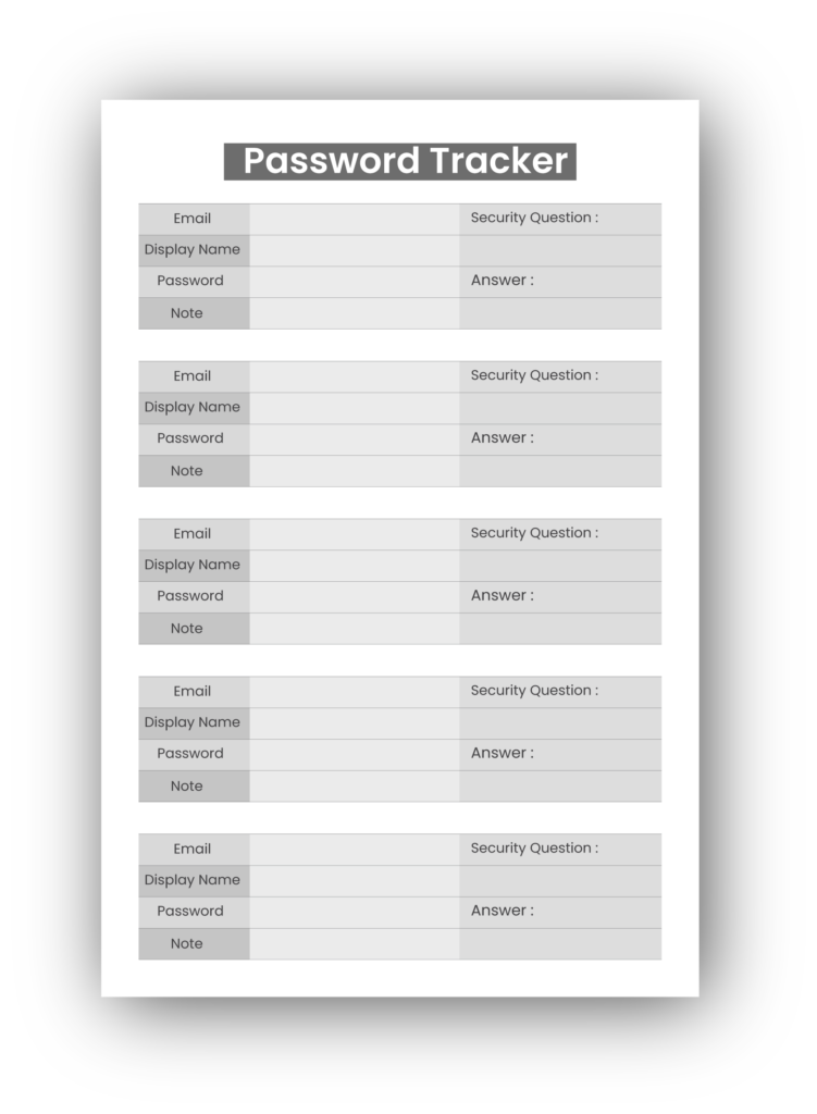 Example of keeping track of passwords on paper