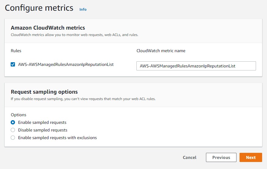 Configuring metrics with Amazon CloudWatch for our WAF