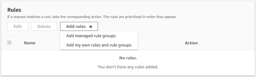 Adding custom or managed rule groups