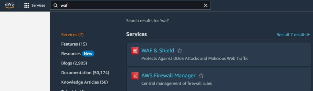 Finding the AWS WAF service in AWS