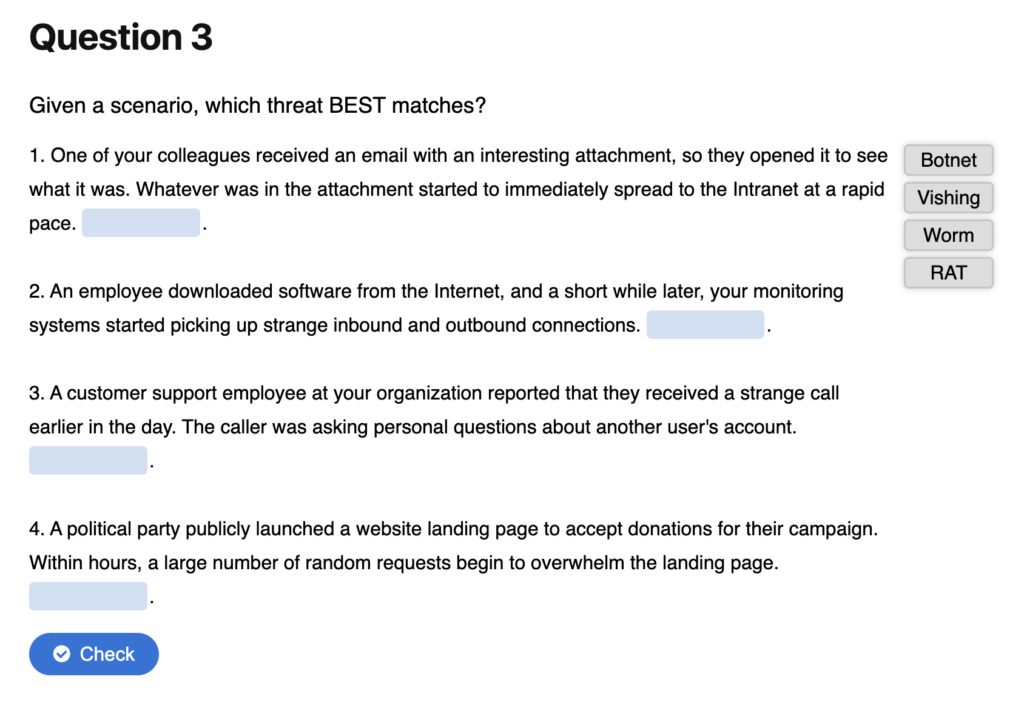 Matching threats to scenarios practice for the Security+