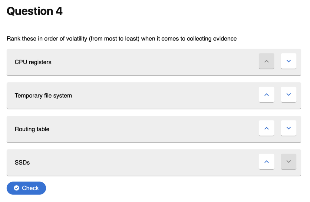Ranking in order of volatility when it comes to collecting evidence after an incident