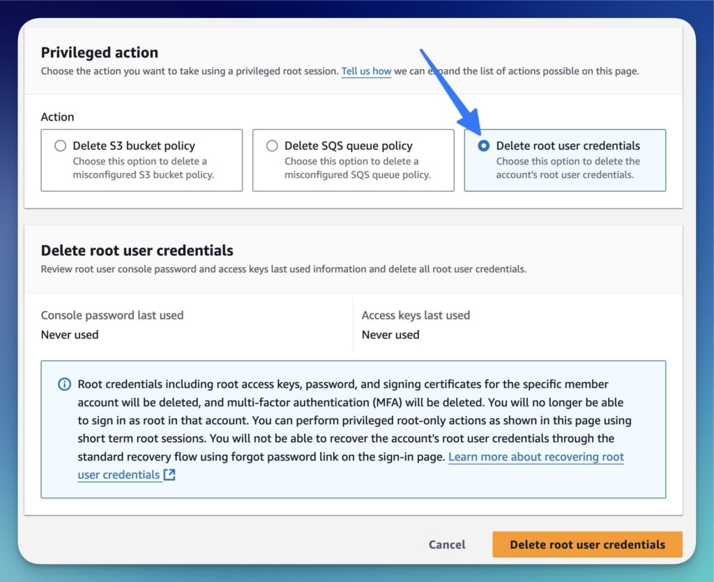 Delete root user credentials in AWS member accounts