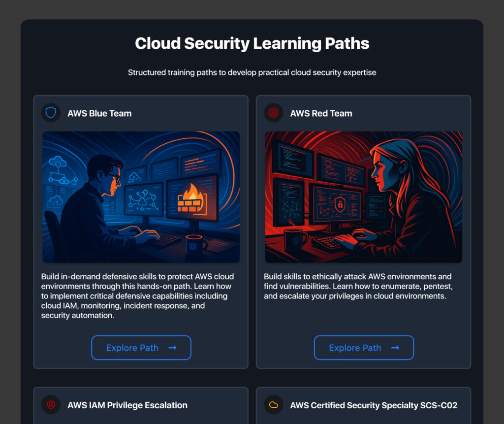 Cybr's Cloud Security learning paths for red teaming, blue teaming, and more