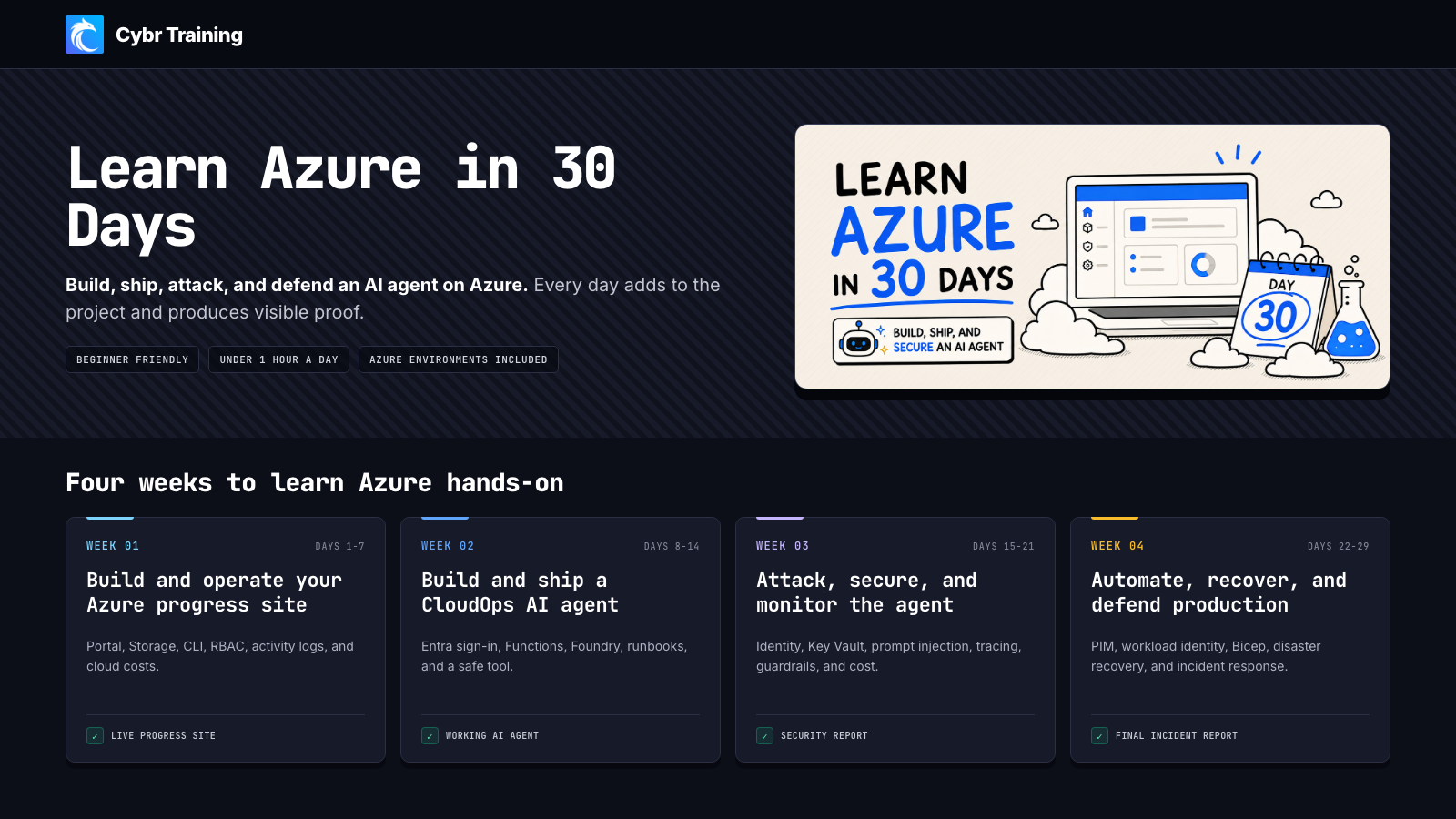 Learn Azure in 30 Days course overview showing four weeks of hands-on Azure projects